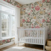 Vintage floral wallpaper in a bright nursery with white crib, botanical flowers, and removable peel and stick wallpaper. Pattern Repeat 52