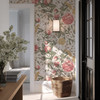 Romantic hallway featuring vintage botanical wallpaper with pink roses and classic floral pattern. Pattern Repeat 52