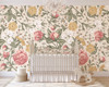 Vintage floral nursery wallpaper with white crib, botanical flowers, and removable peel and stick wallpaper
