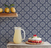 Blue French country tile wallpaper in 13-inch pattern scale with lemons, pitcher and cake