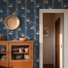 Fruit Compote Navy Blue retro dining room wallpaper in 26 inch repeat styled with wood cabinet, doorway, straw hat, and vintage kitchen decor