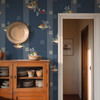 Fruit Compote Navy Blue retro dining room wallpaper in 52 inch repeat styled with wood cabinet, doorway, straw hat, and larger fruit bowl pattern