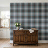 Small scale teal blue tartan plaid wallpaper shown behind a rustic wood cabinet and white kitchen trim 26 REPEAT
