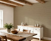 0446 Brown Faux Linen Wallpaper styled in a dining room with wood table, white cabinet, ceiling beams, window light, and warm textured linen wall decor