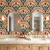 Large scale Arts and Crafts wallpaper in a bathroom with double arched mirrors, cream vanity, and heritage botanical pattern