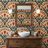 Alderley Tulip Wallpaper in a bathroom with dark wood vanity, square mirror, brass sconces, and terracotta green floral pattern
