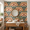 Large scale Alderley Tulip Wallpaper in a bathroom with round mirror, wood vanity, and heritage botanical design