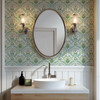 Sigrid Sage Nordic Botanical Wallpaper in 26 inch repeat styled in a powder room with oval mirror, white wainscoting, brass sconces, and larger botanical wallpaper