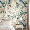 Eden Watercolor Floral Wallpaper styled in a grandmillennial bedroom with white bedding, wood nightstand, table lamp, and large watercolor floral wall pattern