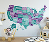 Purple Teal and Green United States Map Wall Decal for Playroom