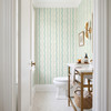 Elsie Ivory Mint Wallpaper in Serene Bathroom With White Fixtures and Natural Wood Vanity