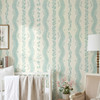 Elsie Ivory Mint Green Wallpaper in Nursery With White Crib and Soft Floral Stripes