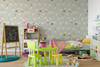 Large-scale goose and wildflower wallpaper in a bright children’s playroom, shown in the 52-inch repeat