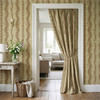 Elsie Walnut and Butter botanical stripe wallpaper with coordinating printed curtain in a warm English cottage entryway