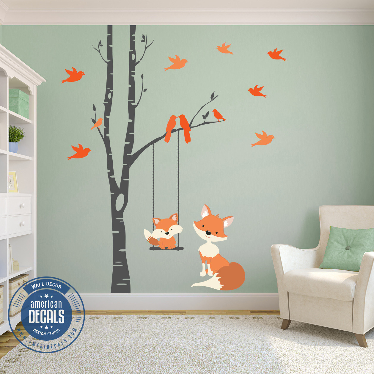 Wall Decal Baby Fox Swing Trees River Birch Woodland Forest