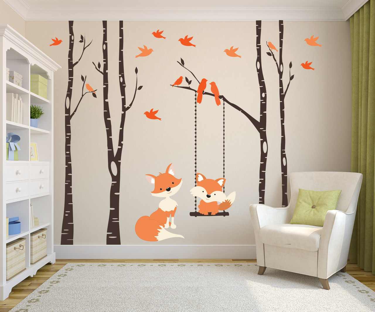 Wall Decal Baby Fox Swing Trees River Birch Woodland Forest