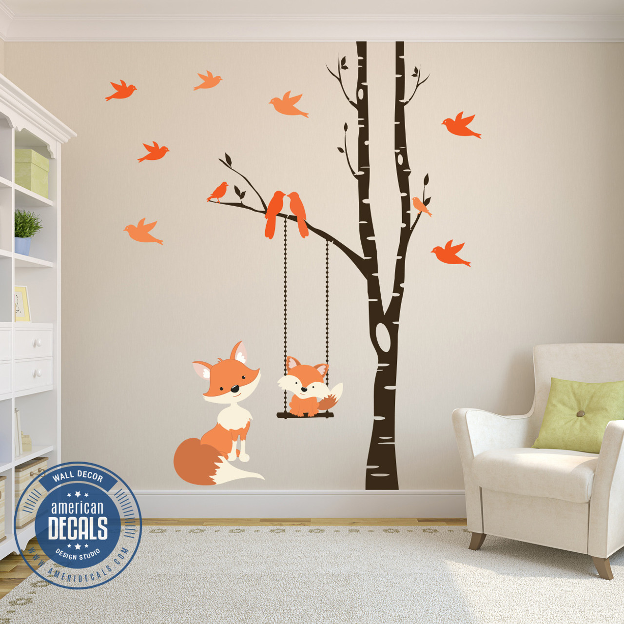Wall Decal Baby Fox Swing Trees River Birch Woodland Forest