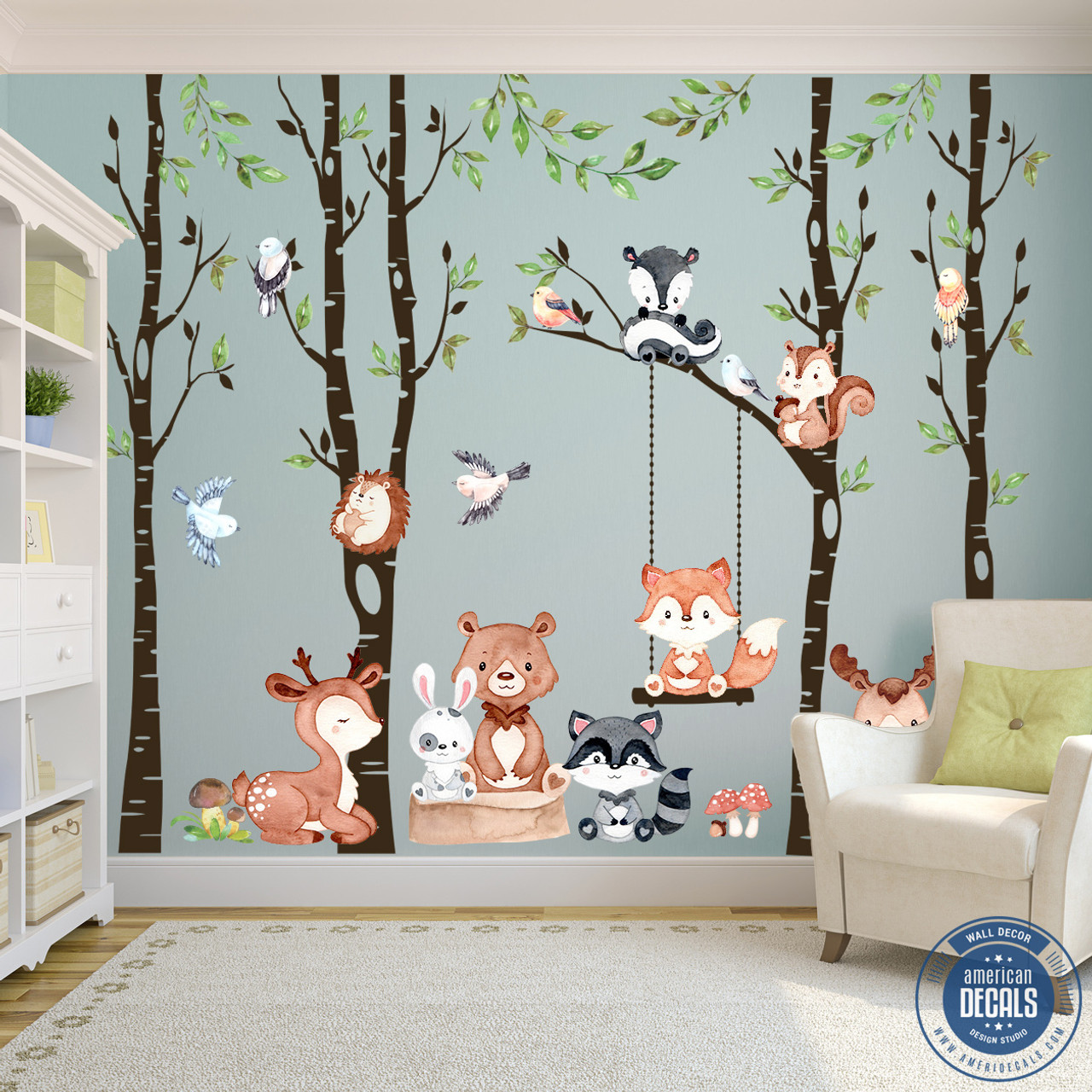 Woodland Décor 4 Trees Nursery Wall Decals Forest CUTE BABY Animals
