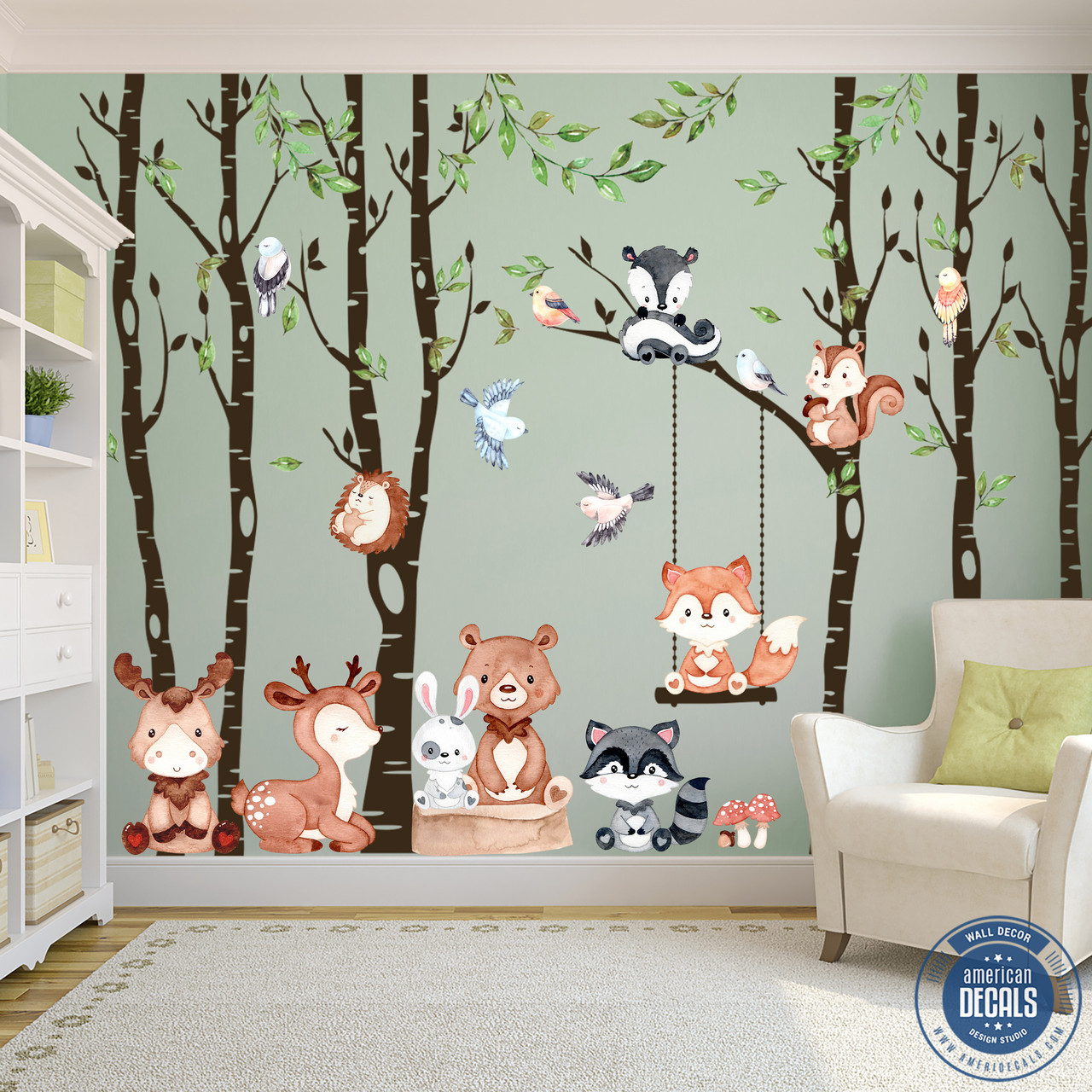 Woodland Décor 6 Trees Nursery Wall Decals Forest CUTE BABY Animals