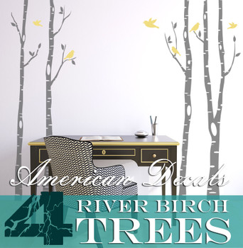 4 birch tree wall decals with yellow birds styled around a home office desk for removable woodland forest wall decor