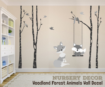 Gray mom and baby fox wall decals with birch trees, hanging swing, birds, and woodland nursery forest decor
RIGHT SIDE