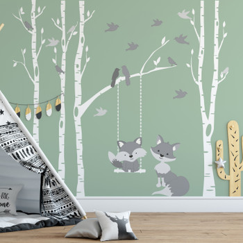 Gray mom and baby fox wall decals with birch trees, hanging swing, birds, and woodland nursery forest decor
LEFT SIDE