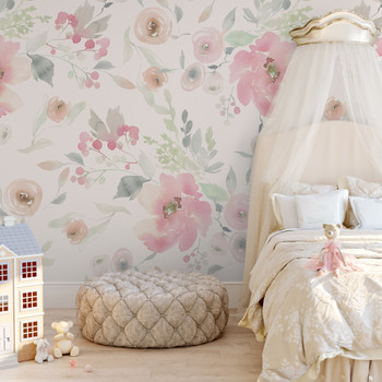 Elizabeth romantic watercolor floral wallpaper in a girls bedroom with a canopy bed