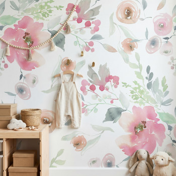 Close-up of Elizabeth watercolor floral wallpaper with romantic pink flowers and soft sage leaves