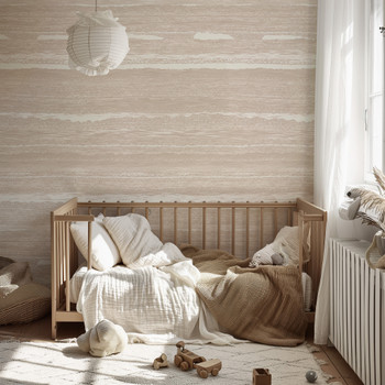 Legacy neutral plaster-effect wallpaper in a natural wood nursery at the 78-inch scale