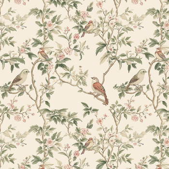 Kelsey Chinoiserie Bird Wallpaper Pattern With Sage Branches and Delicate Flowers