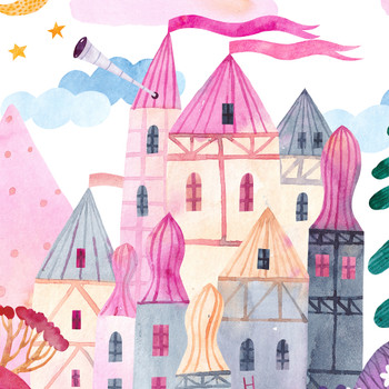 Close-up of a pink watercolor fairytale castle wall decal with whimsical towers, mountains and a telescope