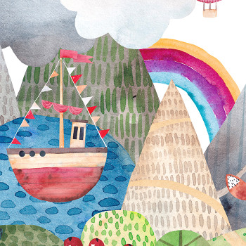 Close-up of watercolor boat, blue lake, rainbow and patterned mountains in the Fairytale Forest Lake wall decal