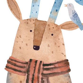 Close-up of a whimsical watercolor deer wearing a striped scarf with birds perched on its blue antlers