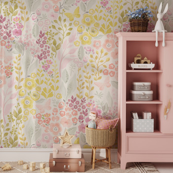 Pink and Yellow Floral Meadow Wallpaper