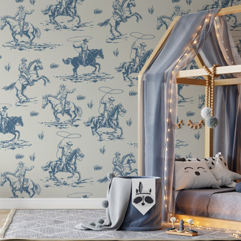 Blue Cowboys Wallpaper for Kids - Rodeo Vintage Illustration