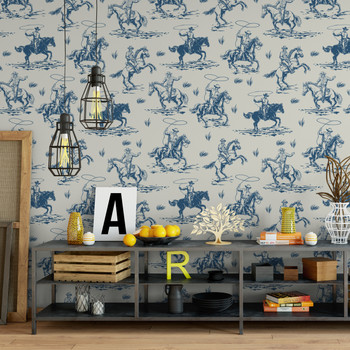 Blue Cowboys Wallpaper for Kids - Rodeo Vintage Illustration