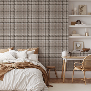 Fall Neutral brown tartan wallpaper in 52 inch repeat styled in a cozy neutral bedroom with wood bed, cream bedding, warm textiles, and shelf decor