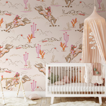Pink Cowgirls Wallpaper for Kids - Rodeo Vintage Illustration