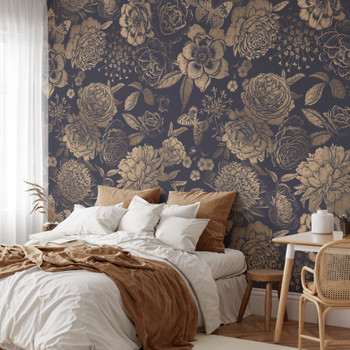 Dark floral wallpaper with oversized botanical blooms styled as a dramatic bedroom accent wall