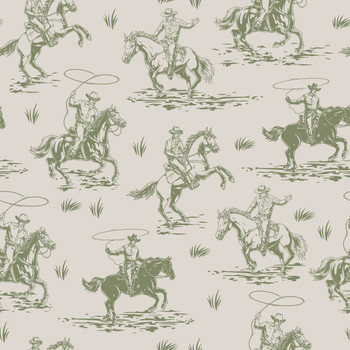 Faded Green Cowboys Wallpaper for Kids - Rodeo Vintage Illustration