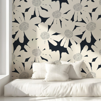 WHITE BLOOMS Black and Beige Abstract Flowers Wallpaper 