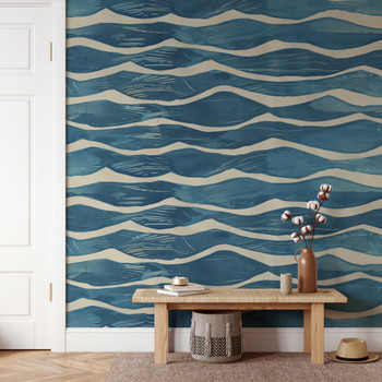 Coastal Blue Waves Embossed Textured Wallpaper 