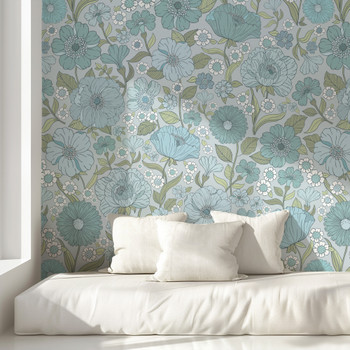 Teal Blue Modern Hand-Drawn Flowers Wallpaper 