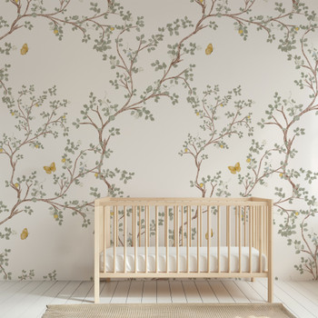 Chinoiserie wallpaper with woodland branches and butterflies in a soft nursery