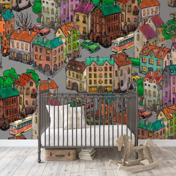 Cartoon City Kids Wallpaper | Playful Illustrated Cityscape Wall Mural for Children’s Rooms