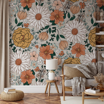 Boho Garden wallpaper in bedroom with soft boho floral styling