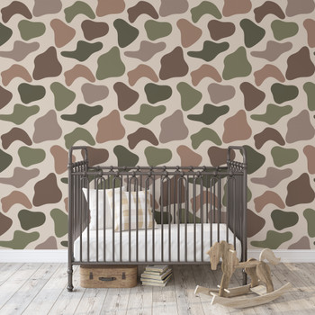 Vintage Duck Camo nursery wallpaper with crib and neutral camouflage pattern