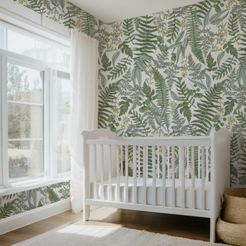 Galli botanical wallpaper in a neutral nursery featuring vintage fern and ginkgo leaf wallpaper