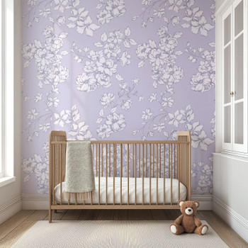 Large-scale Eleanor Lavender Roses wallpaper in a romantic cottage nursery with wooden crib.