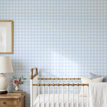 Soft blue gingham wallpaper detail showing small checkered repeat